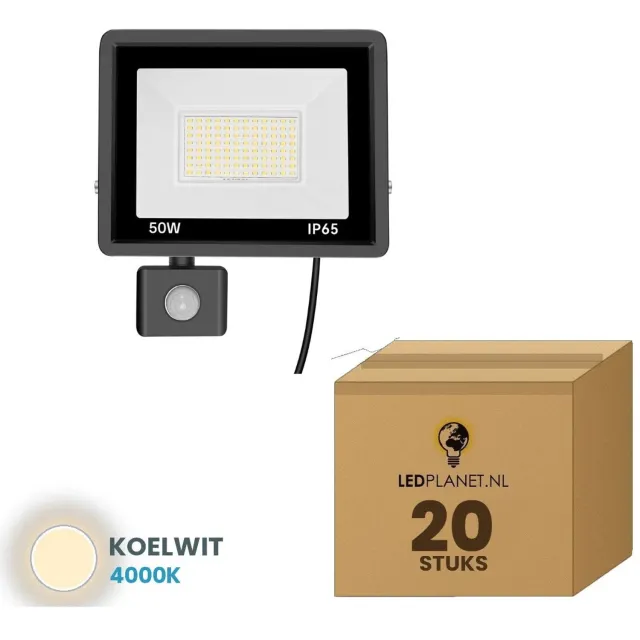 Tsong LED schijnwerper 50W - 20 stuks - Koelwit 4000K - 5.000 lm - 120° breedstraler - bewegingssensor - IP65