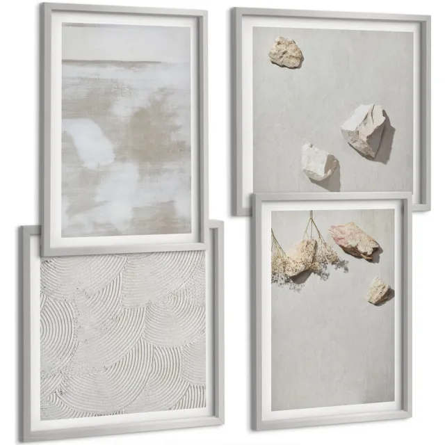 TULUP 4-Delige Schilderij Set - Zandstenen en een verweerde textuur in boho-stijl - 40 x 40 cm en 40 x 60 cm - Stijlvolle Muurdecoratie - Kantoor - Moderne Wanddecoratie Zilveren lijst