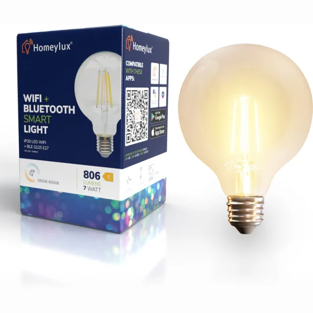 HOFTRONIC SMART Smart E27 LED filament lamp - G125 Bolvormig - WiFi en Bluetooth slimme gloeilamp 806 lumen - 7 Watt - Warm wit tot koud wit - Slimme LED lampen - te bedienen via alle smart assistenten