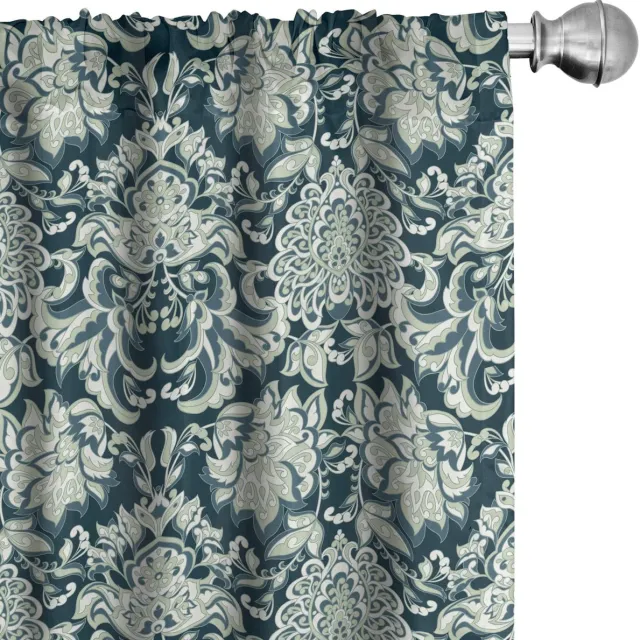 ABAKUHAUS Vintage gordijnen – 2-delige set 75x225 cm – Victorian bladpatroon – wit-groen-donkerblauw Wit Groen Donkerblauw