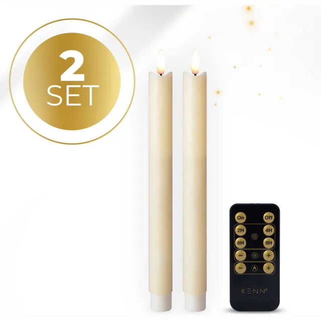 KENN LED Dinerkaarsen op Batterijen – Echte Wax – Set van 2 – Ivoor – Met Afstandsbediening & Timer – Realistische 3D Vlam – LED Kaarsen – Dinerkaars LED – Kaarsen op Batterijen – LED Tafelkaarsen – Horeca – Realistisch Flikkerende Vlam
