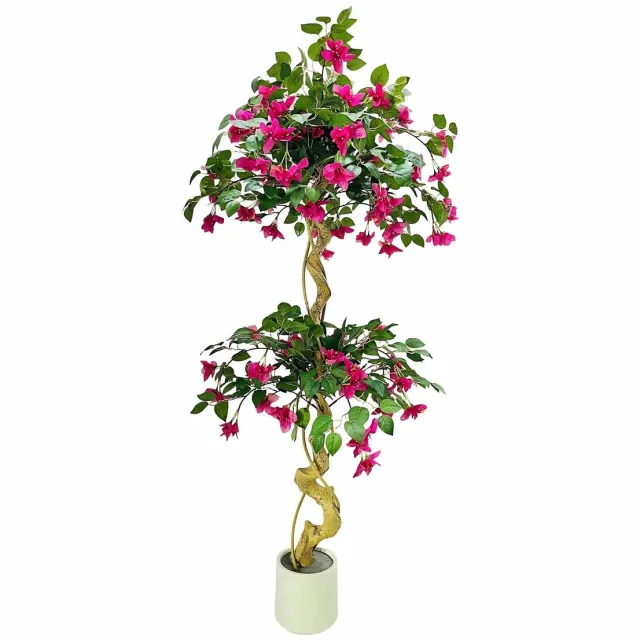 Happiq Kunst Bougainvillea Boom 150cm - Realistisch design met Zijdeachtige Bladeren - voor woonkamer en tuin - Wit Pot en Groen Kunststof - 180 cm