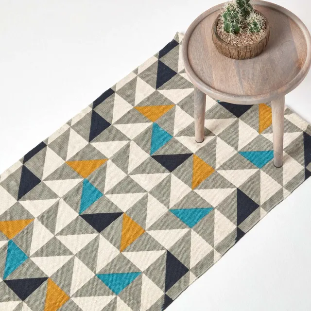 Homescapes katoenen vloerkleed Copenhagen in Scandi-look met geometrisch patroon in blauw, geel en grijs, 66 x 200 cm Wit, Grijs, Zwart, Blauw, Geel