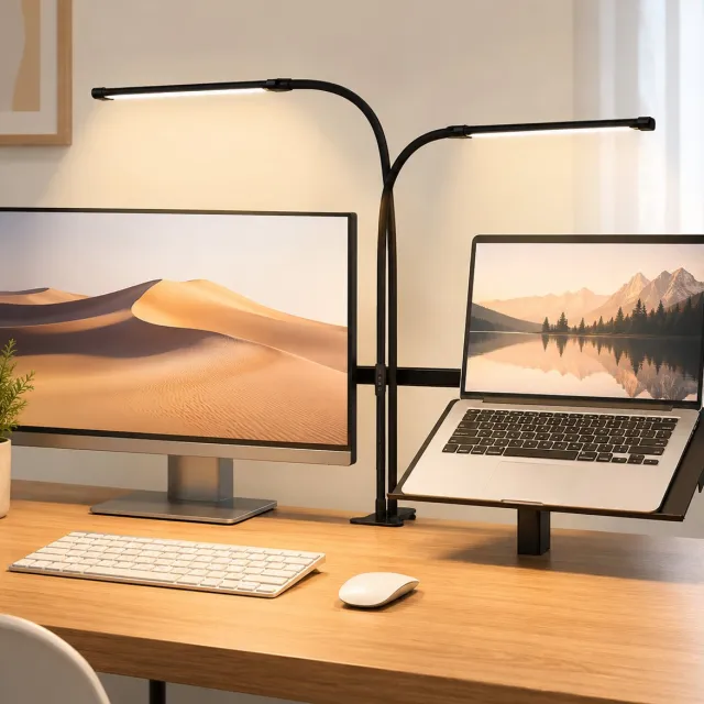 LAPAMAX LED Bureaulamp met Klem - Werklamp Dimbaar met 2 Verstelbare Lampkoppen & 2×70 cm Flexibele Zwanenhals - 10 Helderheidsstanden en 3 Lichtkleuren - Monitor Lamp - Klemlamp - Hobbylamp voor Tekenen, Naaien, Modelbouw en Werkplek -USB Zwart