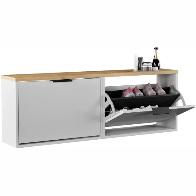 Planetmöbel STIVIO - Schoenenkast 60 cm - Wit grijs en goud eiken - Set van 2 met elk 1 klep - 23 cm diep 1 klep, Wit
