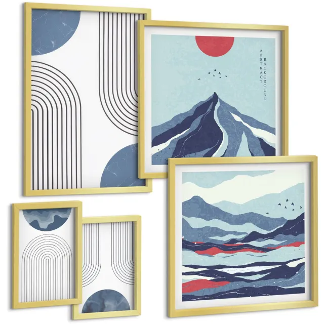 TULUP 5-Delige Schilderij Set - Abstracte landschappen met geometrische vormen en kleuren. - 50 x 50 cm, 20 x 30 cm en 40 x 60 cm - Muurdecoratie - Wanddecoratie - Hal - Stijlvolle Muurdecoratie Gouden lijst