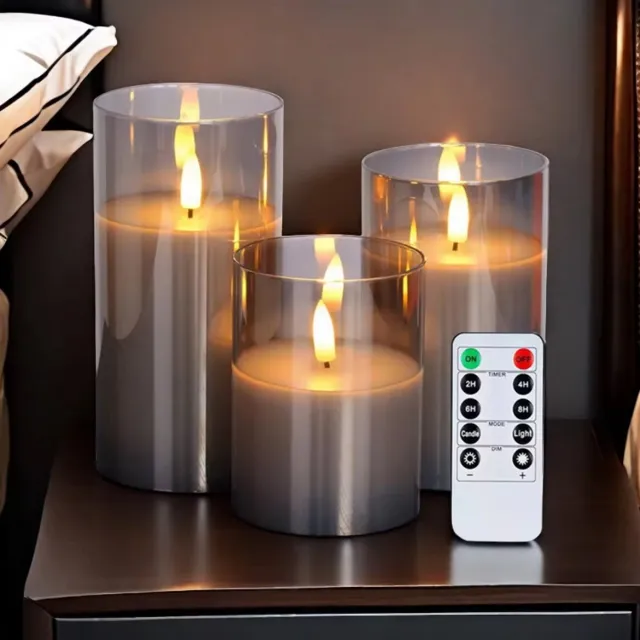 RS Stores Led kaarsen met bewegende flam - Led kaarsen met afstandsbediening - dinerkaarsen led - diner kaarsen - Led kaarsen op batterijen - timer - 3 x - Flikkerende vlam - Grijs