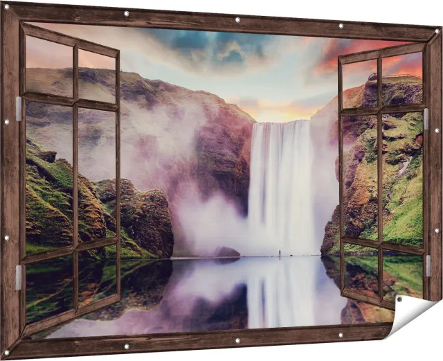 Gards Tuinposter Doorkijk Waterval met een Weerspiegeling in het Water - 180x120 cm - Tuindoek - Tuindecoratie - Wanddecoratie buiten - Tuinschilderij Multikleur