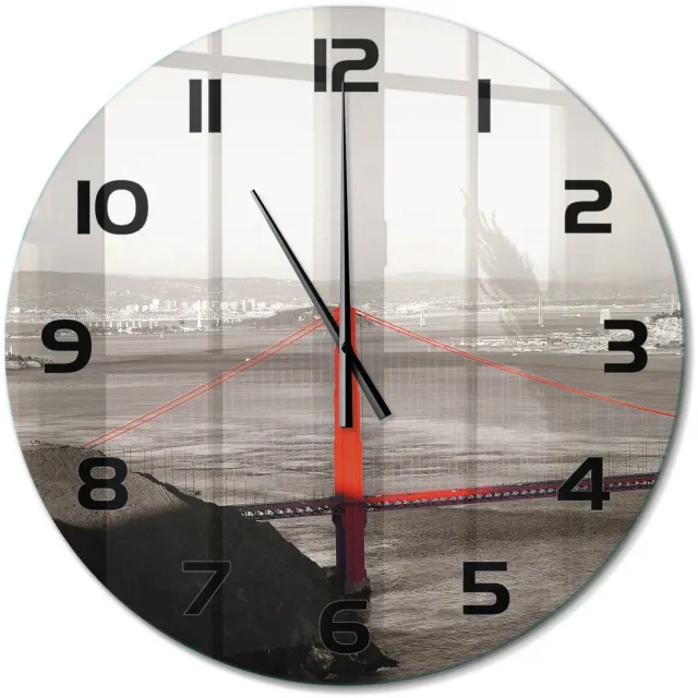 TULUP Wandklok - San Francisco-brug Wandklok Glas Met Motief - fi60 cm - Rood Decoratieve Glazen Klok - Zwarte handen - Ronde Klok - Gekleurde Glazen Klok - Glazen Klok Met Print