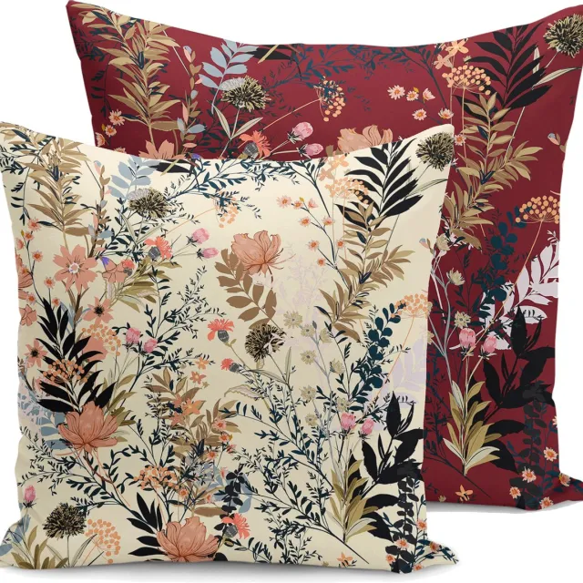 De Groen Home Kussensloop - kussenhoes - Sierkussenhoes - hoes voor sierkussens Flora - Velvet set van 2 - 50x50 - Bloemen op Bordeaux / Beige Crème - Aan beide zijdig bedrukt