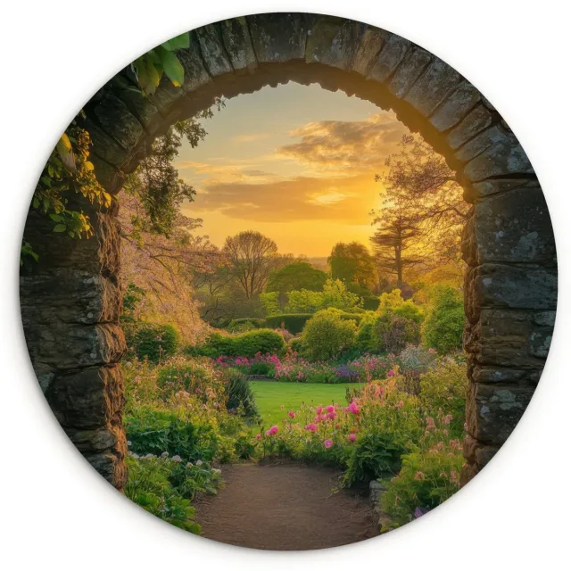 WallCircle Wandcirkel 60x60 cm - Muurcirkel Poort - Planten - Zonsondergang - Muurdecoratie woonkamer - Wanddecoratie slaapkamer - Kamer decoratie accessoires - Ronde schilderijen