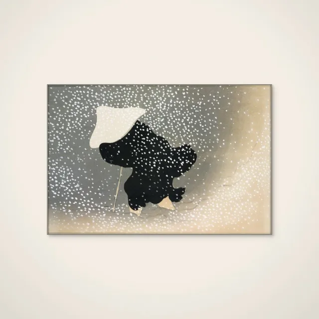HelloWalls Akoestisch schilderij - 120 x 80 cm - Snow from Momoyogusa van Kamisaka Sekka - Abstracte wanddecoratie - zilver textielframe Meerkleurig