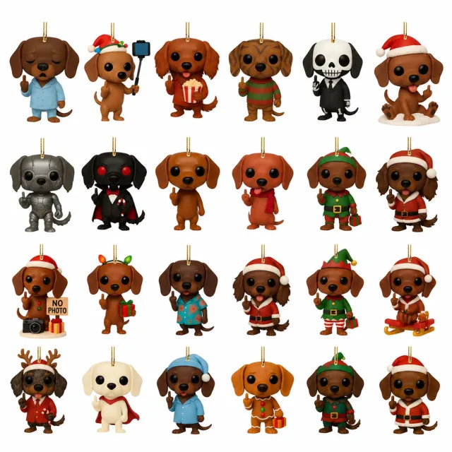 SWGOTA Adventskalender met teckelhangers en middelvingergebaar - 24 genummerde vakjes - kerstdecoratie - verpakking 26 x 18 x 3 cm Bruin