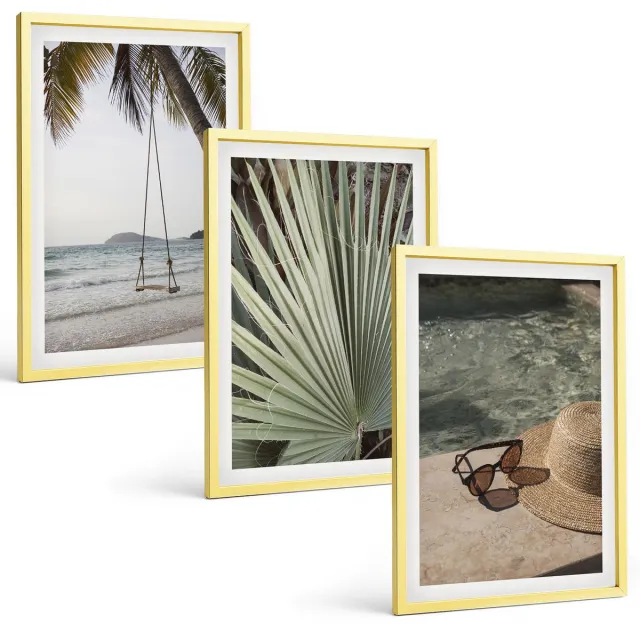 TULUP 4-Delige Schilderij Set - Vakantie aan het strand met palmbladerenschommel - 40 x 60 cm - Wanddecoratie - Muurdecoratie - Woonkamer - Decoratieve Schilderijen Gouden lijst