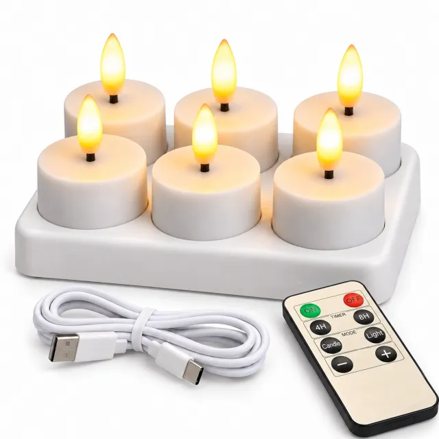 Nosheir Oplaadbare LED Theelichtjes met Timer - Set van 6 Stuks - Vlamloze Kaarsen met Flikkerend Kaarslicht - Nachtlampje, Tafellamp en Jeugdwijdingslantaarn Wit