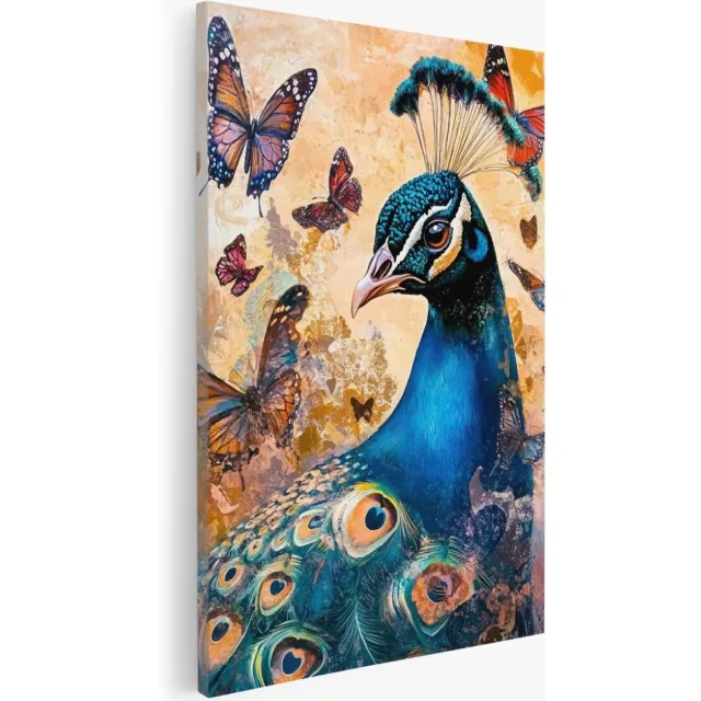 Saammp Canvas Schilderij - Pauw met grote Vlinders - Abstract - Dieren - Natuur - 100x150 - Foto op canvas - Wanddecoratie - Muurdecoratie Woonkamer - Slaapkamer decoratie - Canvas Print Multicolor