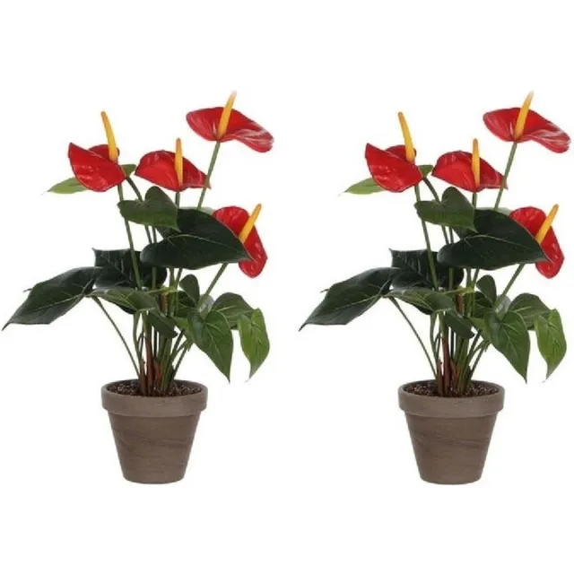 Mica Decorations Kunstplant Anthurium - 2x - rood - 40 cm - grijze pot - nepplant - kamerplant