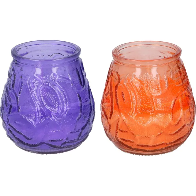 Arti Casa 4x stuks Citronella Lowboy tafelkaarsen 10 cm oranje en paars glas Multi