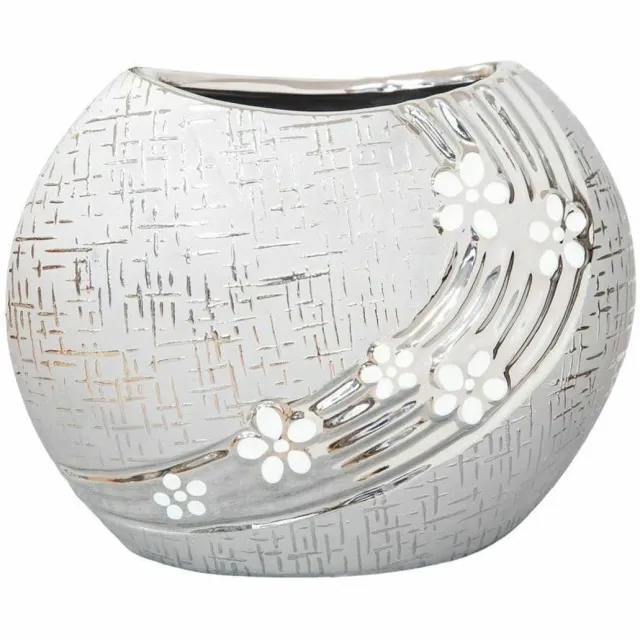 Hestia Home Ronde Vaas, Metallic grijs met witte bloemen