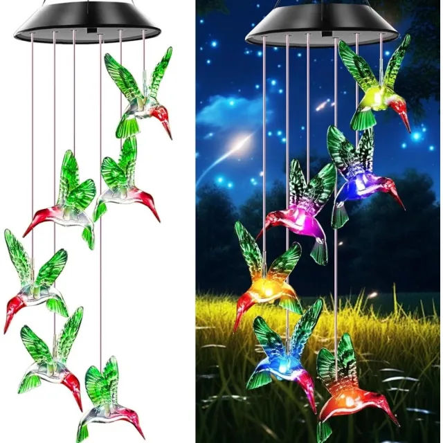 GelldG Op zonne-energie werkende kolibrie-windgong voor buiten - Hanglampen op zonne-energie met van kleur veranderende LED's - Waterdichte hangende tuindecoratie - Geschikt voor Tuin Balkon Terras Rasen en Feest Decoratie Groen