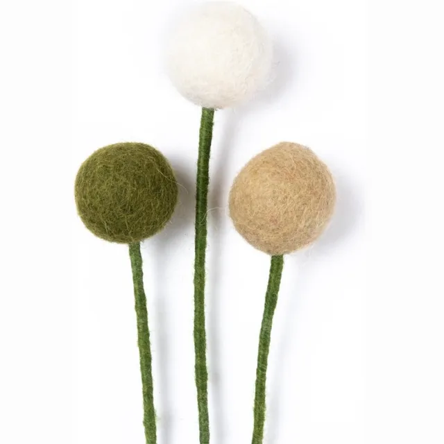 Sjaal met Verhaal Bloem Vilt - Craspedia's Groen/Wit/Beige Mistletoe - Set 3 Stuks - 33cm - Handgemaakt & Fairtrade