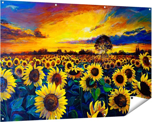 Gards Tuinposter Getekende Zonnebloemen Veld met Olieverf - 150x100 cm - Tuindoek - Tuindecoratie - Wanddecoratie buiten - Tuinschilderij Multikleur