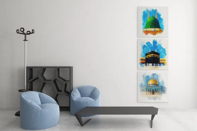 Trendex Global Drieluik Canvas Schilderij Islamitische Steden – Mekka Medina en Al-Aqsa - 3x40x40 cm Groen