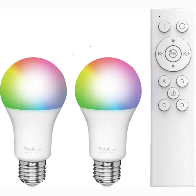 Trust Wifi - 2 Slimme RGB-ledlampen - Slimme verlichting - Werkt met App - Werkt met Amazon Alexa - Werkt met Google Assistent - App & Spraakbesturing - RGB verlichting - Incl. Afstandsbediening - Meerkleurig