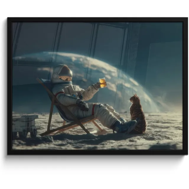 FrameYourWall Poster in lijst - Fotolijst 80x60 cm - Posters - Astronaut - Kat - Glas - Stoel - Posterlijst zwart - Decoratie - Wanddecoratie woonkamer - Muurdecoratie slaapkamer