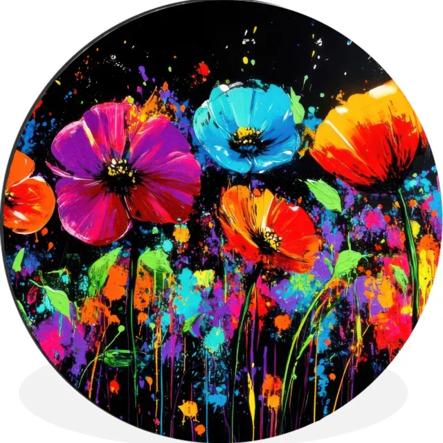 WallCircle Wandcirkel - Muurcirkel - Bloemen - Kleurrijk - Spetters - Aluminium - Dibond - 90x90 cm - Binnen en Buiten