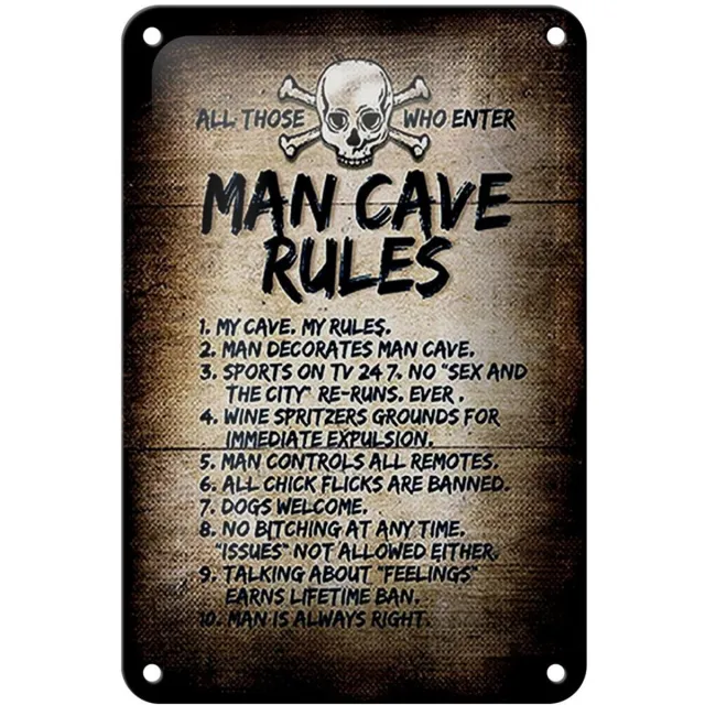 Femer Blechschild Spruch 12x18cm man cave rules Totenkopf