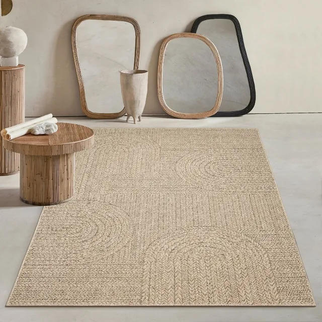 Mia´s Teppiche Mia’s Teppiche Soil - Robuust In- en Outdoor vloerkleed, natuurlijk jute-look met cirkelmotief, weerbestendig, geschikt voor terras en tuin, 80 x 250 cm naturel met geometrisch visgraatpatroon