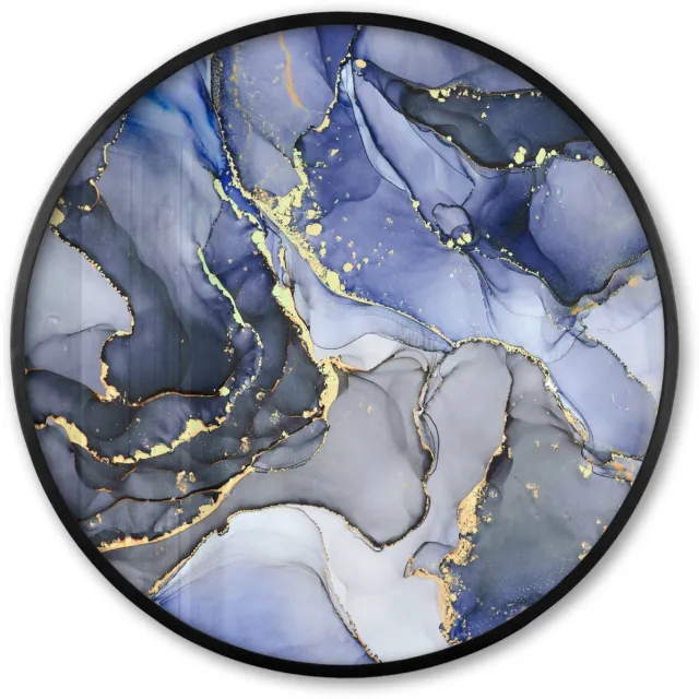 FrameYourWall Poster in lijst Rond - Fotolijst 60x60 cm - Posters - Marmer - Goud - Abstract - Blauw - Ronde posterlijst zwart - Decoratie - Wanddecoratie woonkamer - Muurdecoratie slaapkamer Multicolor