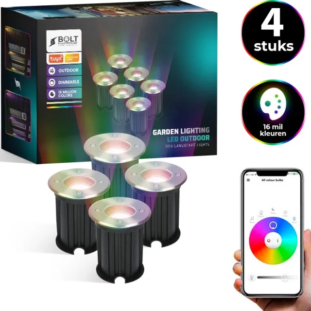 Bolt Electronics® Bolt Electronics ® Grondspots – LED Spots – Buitenlamp – Tuinspots – Tuinverlichting Lamp – Tuinlamp – Waterdicht – Dimbaar – Bluetooth – RVS – 5.5 Watt – 230V – Besturing via app – 4 stuks Multicolour - grondspot