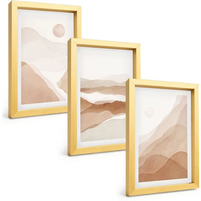 TULUP 4-Delige Schilderij Set - Abstracte landschappen in bruine en beige tinten. - 20 x 30 cm - Wanddecoratie - Schilderijen Set - Kantoor - Decoratieve Schilderijen Gouden lijst