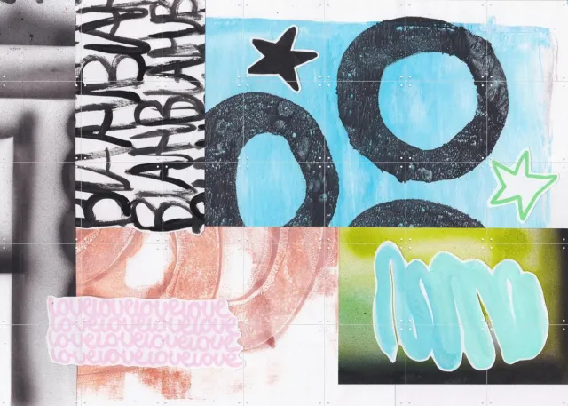 IXXI Spray can Shuffle, Henriette Visscher - 140 x 100 cm - Grote wanddecoratie en posters - Collage, Speels, Abstract, Gemengde Technieken Roze / Wit / Zwart / Blauw