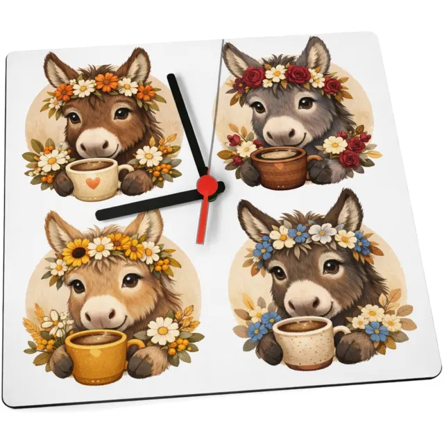 Mr Cadeautjes Klok 19 x 19 - design Een serie ezelportretten met boeketjes en een warme drank in | cadeau Wit