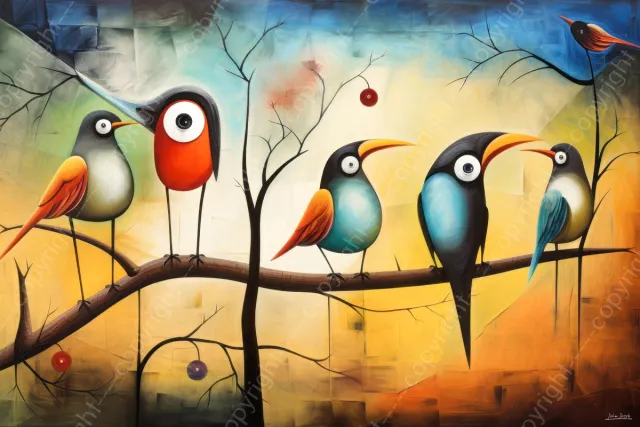 John Joseb Art (Aluminium) 120x80 | Vogels op een tak, abstract Picasso, Joan Miro stijl, modern surrealisme, kleurrijk, kunst | dier, blauw, geel, bruin, rood, modern | foto-schilderij op dibond, metaal wanddecoratie Aluminium, dikte 3 mm