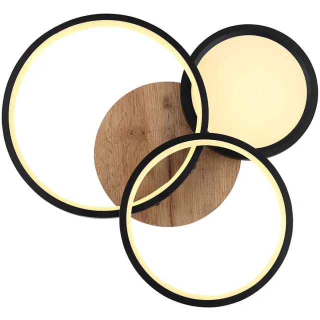 Globo Lighting Plafondlamp woonkamer LED MDF ringen plafondlamp zwart met houtlook, metaal kunststof, 1x LED 30W 1500Lm 3000K, LxBxH 40x38x10,5 cm Bruin