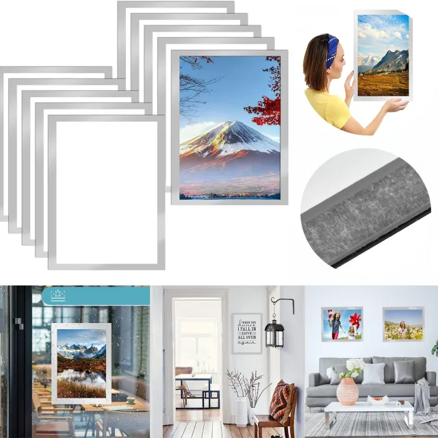 Buyya Magnetische Fotolijsten, 10 Stuks Magnetische A4-Fotolijsten, Zelfklevende Magnetische Fotolijstjes. Zilver