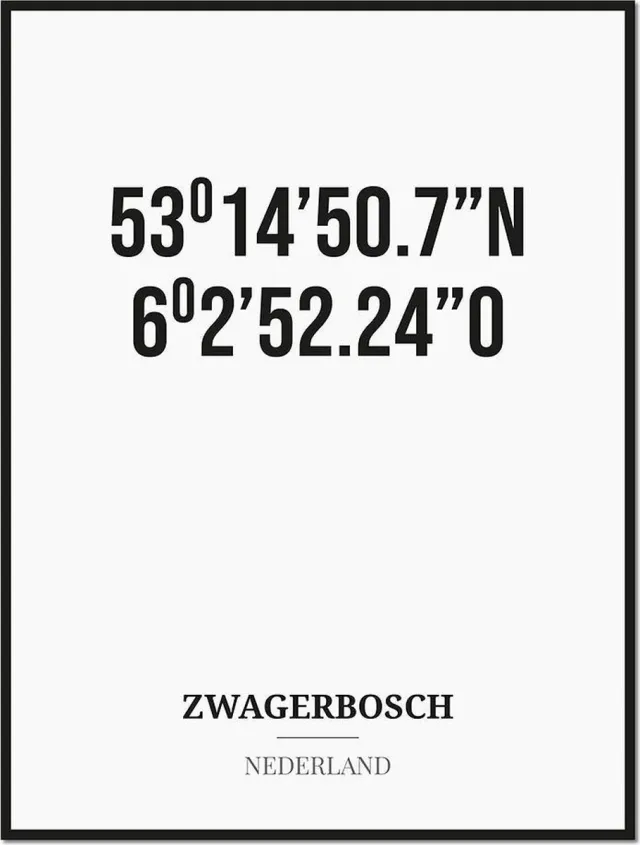 Studio216 Poster/kaart ZWAGERBOSCH met coördinaten zwart, wit
