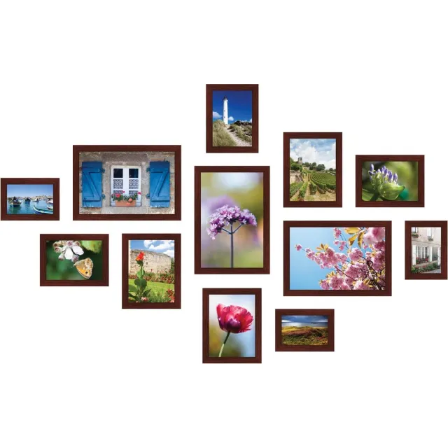 SecaDesign Fotowand bruin 12 fotolijsten PIA12BR met handige template voor plaatsing. 3x 10x15cm, 3x 13x18cm, 3x 15x20cm en 3x 20x30cm fotomaat - fotomuur