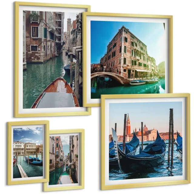 Coloray 5-Delige Schilderij Set - De Kanalen Van Venetië En De Charmante Gondels In De Stad. - 50 x 50 cm, 20 x 30 cm En 40 x 60 cm - Stijlvolle Muurdecoratie - Kantoor - Moderne Wanddecoratie Gouden lijst