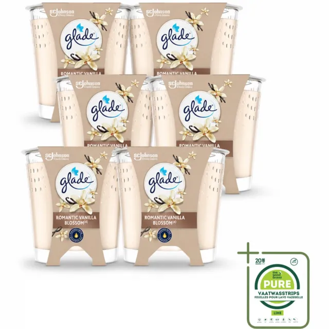 Glade 6 x Glade - Geurkaars Romantic Vanillebloesem - 100% Raapzaadwas & Vegan - 112 g - Grootverpakking - Vaatwasstrips - Romantische Kaars - Geurkaars - Vegan Kaars - Warme Geur - Amber Geur crème