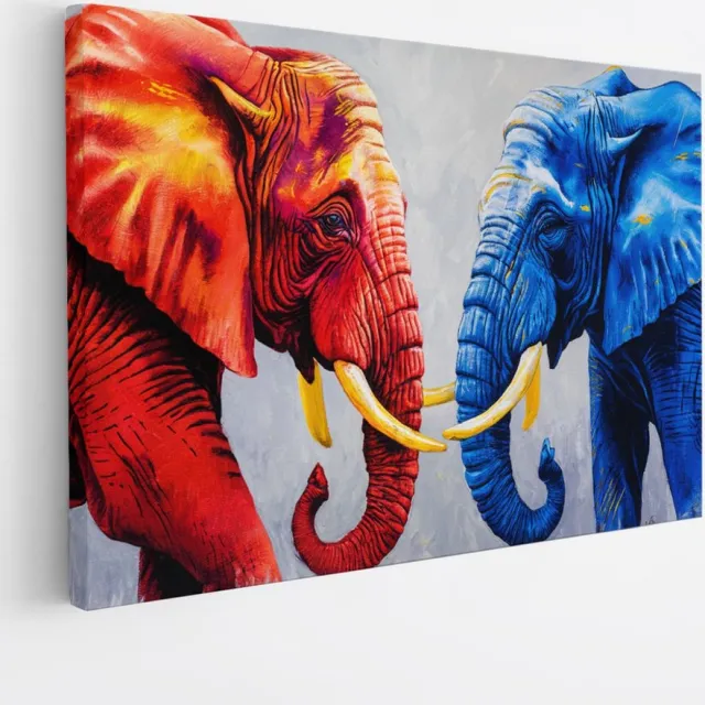 Saammp Canvas Schilderij - Olifant - Rood - Blauw - Dieren - 150x100 - Foto op canvas - Wanddecoratie - Muurdecoratie Woonkamer - Slaapkamer decoratie - Canvas Print Multicolor