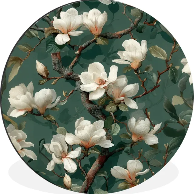 WallCircle Wandcirkel - Muurcirkel - Bloemen - Takken - Wit - Klassiek - Aluminium - Dibond - 60x60 cm - Binnen en Buiten