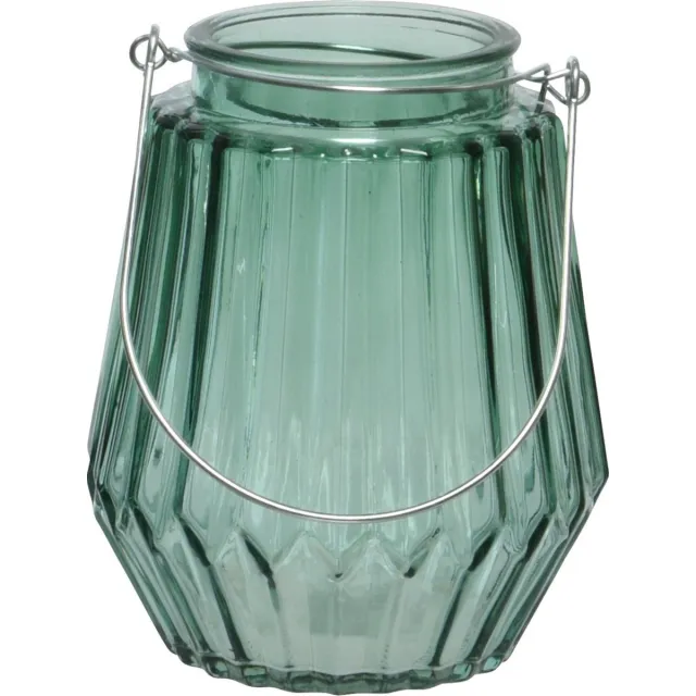 Decoris Waxinelichthouder - streepjes glas - zeegroen - metalen handvat - 11 x 13 cm