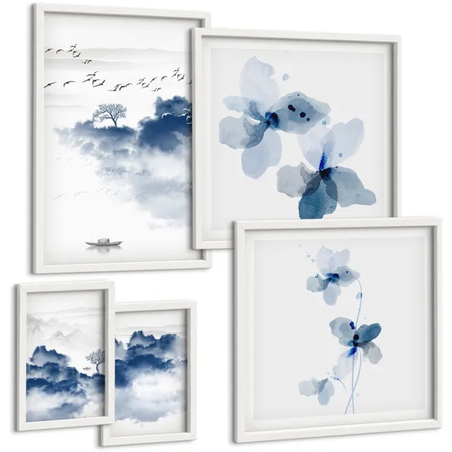 Coloray 5-Delige Schilderij Set - Landschappen Met Tere Bloemen En Kalm Water. - 50 x 50 cm, 20 x 30 cm En 40 x 60 cm - Wanddecoratie - Schilderijen Set - Kantoor - Muurdecoratie Witte lijst