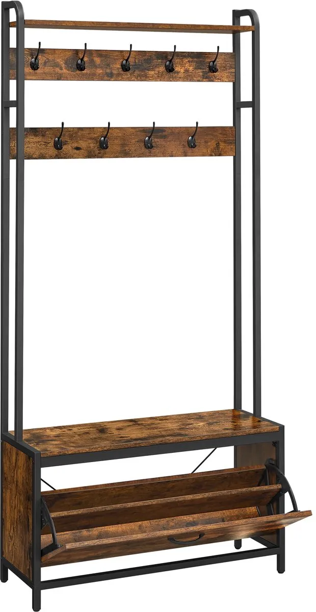 LEOBERT Kapstok met zitbank en schoenenrek – HSR405B01 – Industrieel design Bruin/Zwart