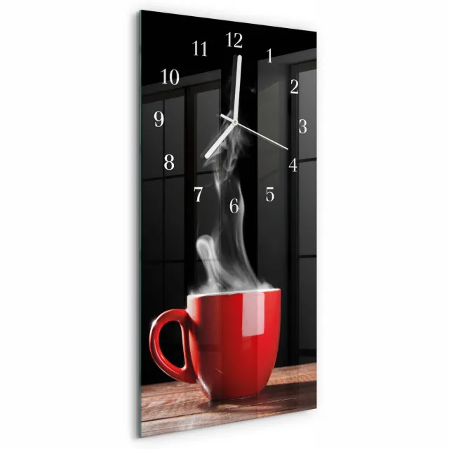 TULUP Wandklok - Kopje koffie Decoratieve Glazen Klok - 30x60 cm - Rood Glazen Wandklok Design - Witte Handen - Rechthoekige Wandklok - Klok Glas Met Opdruk - Moderne Wandklok Glas Rood - Kopje koffie